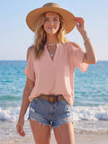 Sylviya Solid Cold Shoulder Split Sleeve Popover Blouse,Short Sleeve Tops,Casual