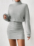 SHEIN Frenchy Turtleneck Drop Shoulder Ruched Bodycon Textured Fabric Dress Winter Casual